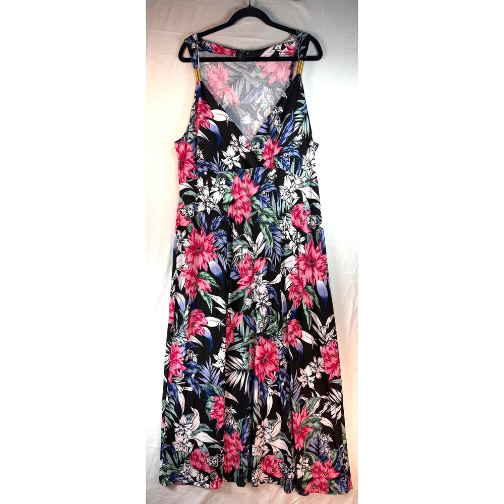 Rouge Collection Tropical Floral Maxi Dress 3X Black Pink Gold Hardware V-Neck
